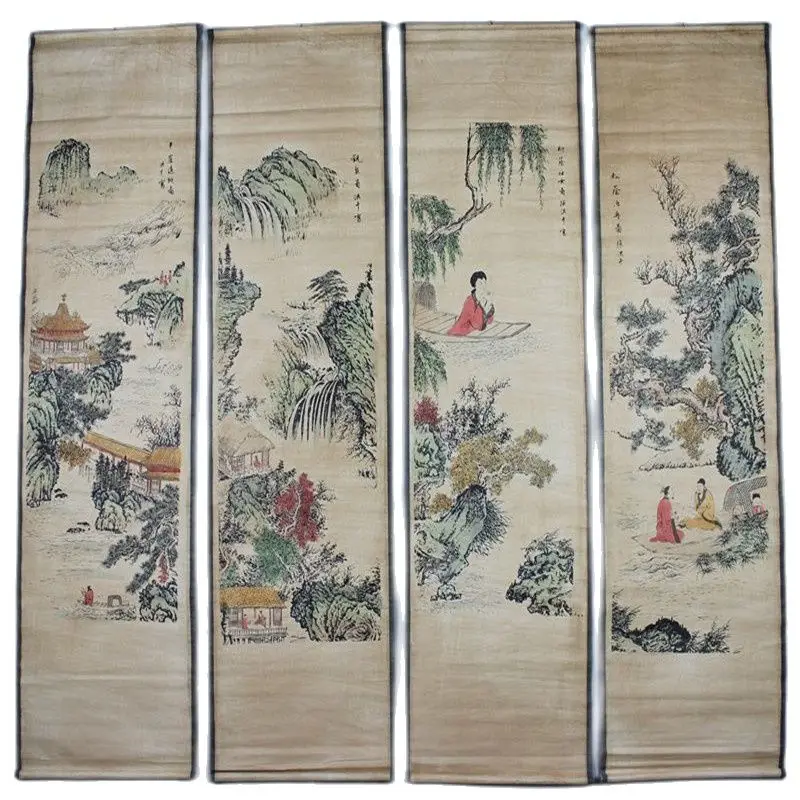 

China Old Scroll Painting Four Screen Paintings Middle Hall Hanging Painting Zhang Hongqian's Landscape Paintings
