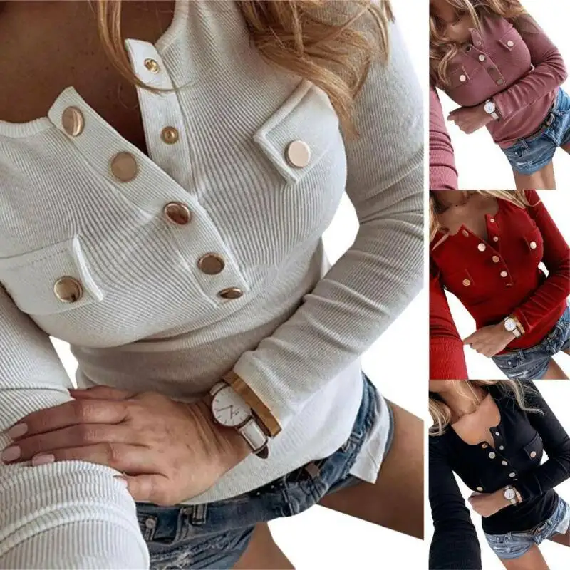 

Women Casual Long Sleeve Blouse Shirt Buttons V Neck Pullover Jumper Tunic Tops