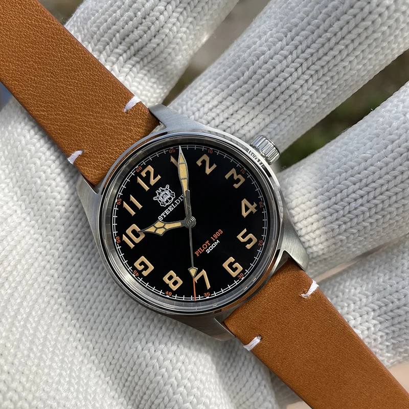 Часы-авиаторы Steeldive 39 мм кварцевый механизм военный простой модный стиль кожаный