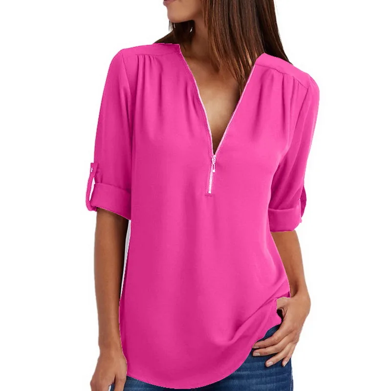 

JODIMITTY Casual Half Sleeve Solid Blouse 2019 New Arrival Zipper Chiffon Shirt Plus Size S-XL Basic Blaus V Neck Blouse Shirt