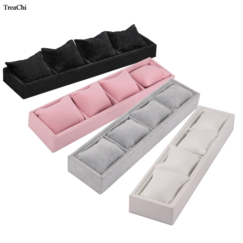 

Velvet 4 Grids Watch Jewelry Display Box Bracelet Earring Storage Tray With Soft Pillow Holder Earring Ring Organizer Showcase