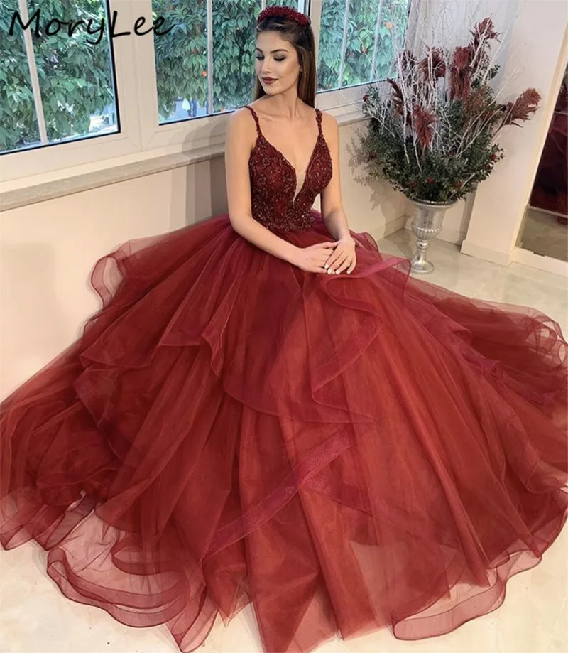 

Red Evening Dresses V-Neck Sleeveless Floor Length Sweep Train A-Line Crystal Beaded Evening Dresses vestidos de fiesta de noche