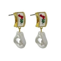 perisbox vintage french rose pattern baroque pearl dangle earrings for women elegant flower signet imitation pearl drop earring