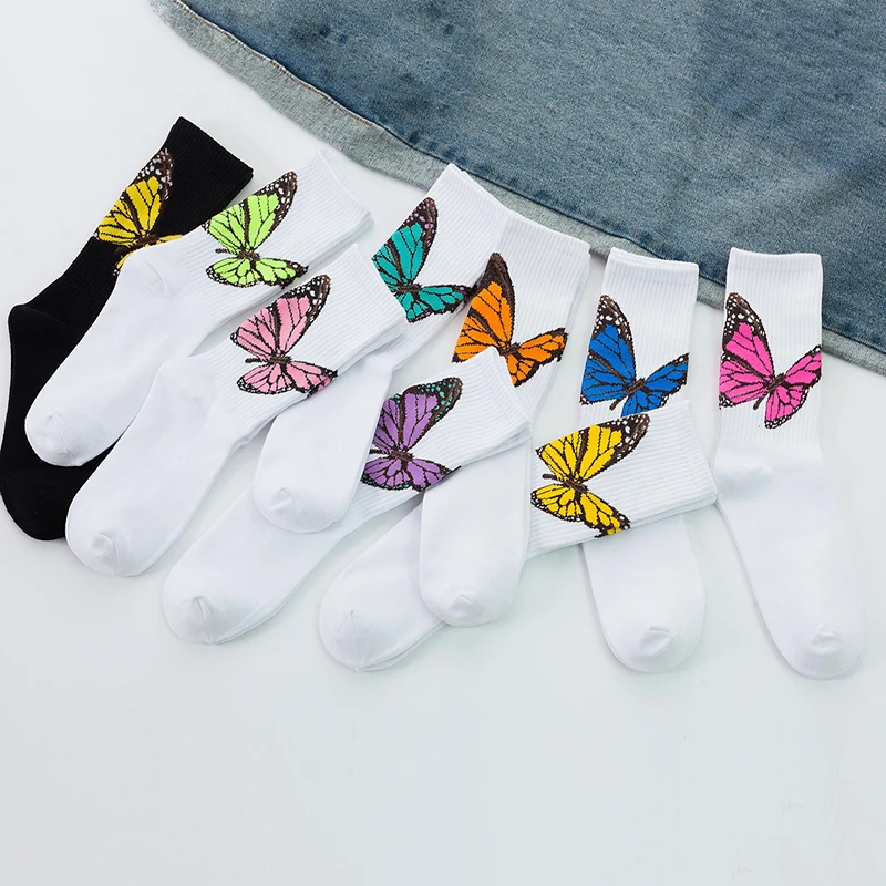 Novel Funny Butterfly Cartoon Socks Men Women Candy Color Cute In Tube Socks Kawaii Print Art Cotton Happy Pink Socks Popsocket