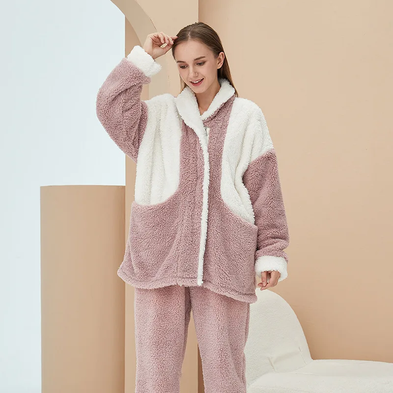 Color Matching Warm Pajamas Women Winter Flannel Thickening Plus Velvet Home Service Cardigan Home Service Suit  Sleep Sets