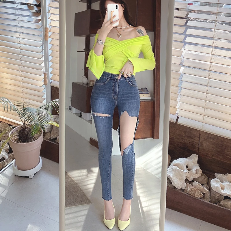 

2021 Harem Pants Vintage High Waist Jeans Women's Jeans Full Length Mom Jeans Holes Cowboy Denim Pants Sexy Chic Skinny Pants