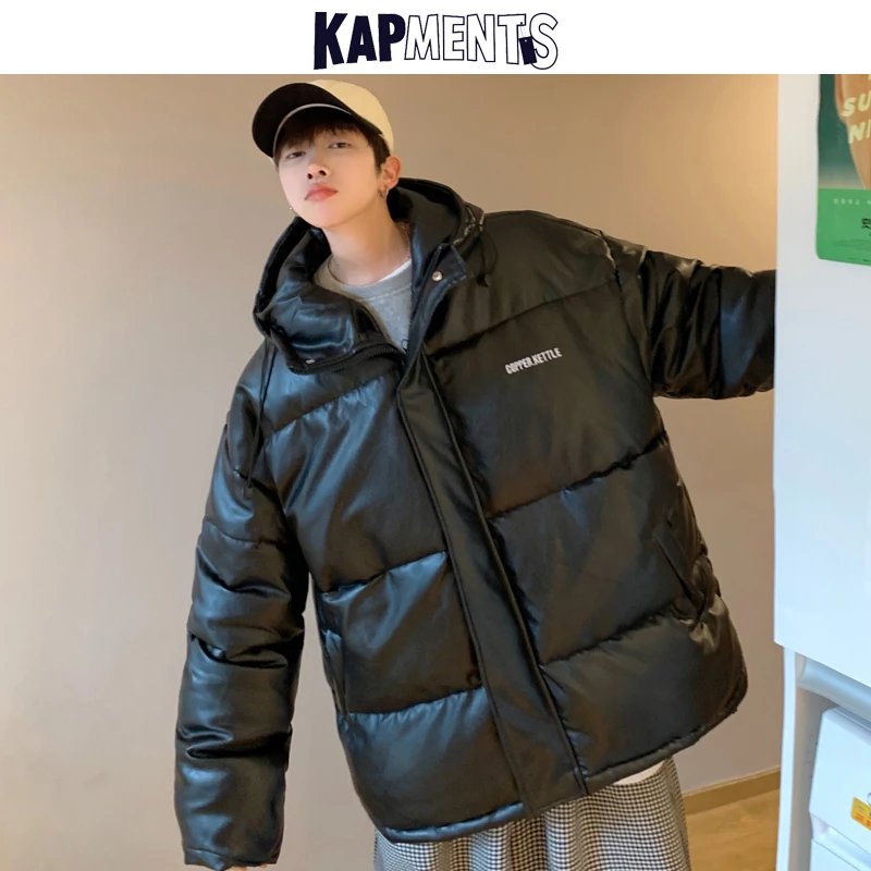 

KAPMENTS Men Vintage Harajuku Leather Hooded Puffer Jacket 2022 Mens Japanese Streetwear Winter Jacket Male Korean Bubble Coat