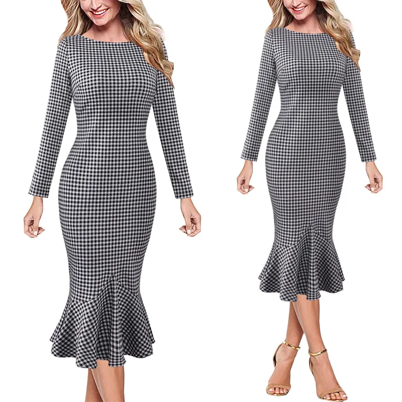 Vfemage женские элегантные винтажные Pinup одежда для работы, офиса, бизнеса, повседневные Коктейльные Вечерние облегающие платья-карандаш, платье русалки 1053 - Цвет: Black White Tartan