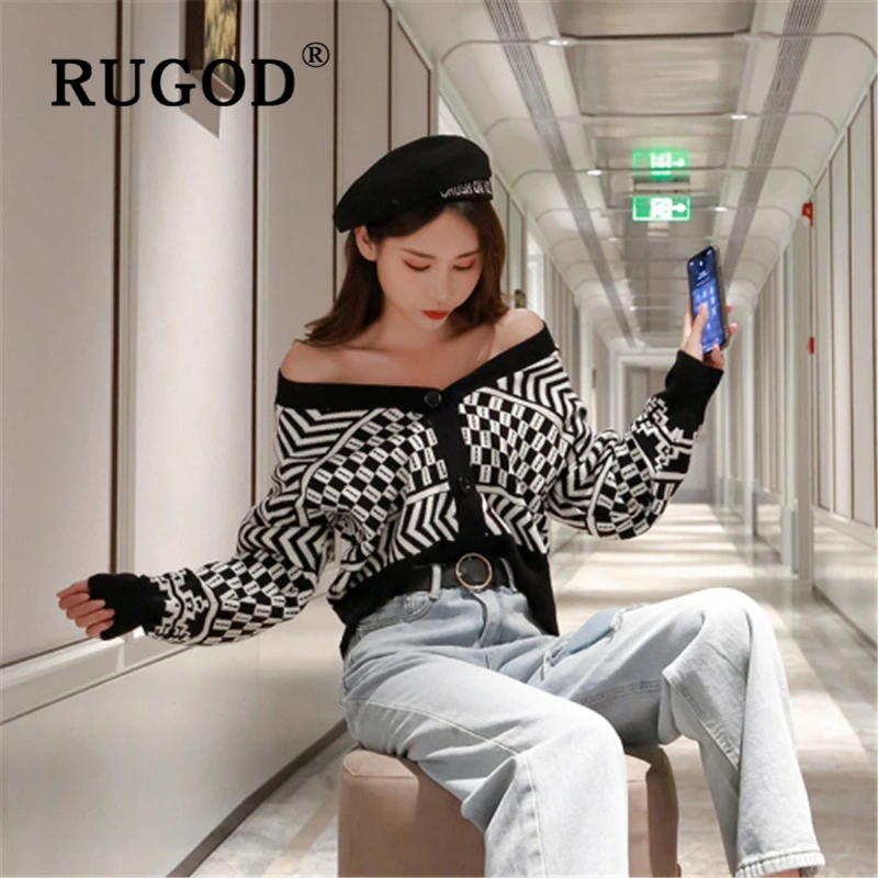 RUGOD Korean ins patchwork cardigan sweater women Fashion single-breasted auturm plaid knitted caridgan female Vintage slim coat |