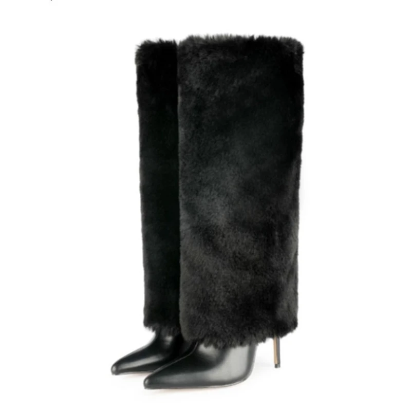 Winter Hot Fur Boots Women's Short Snow Boots Black White Stiletto Slip on Heels Shoes Booty Big Size 43