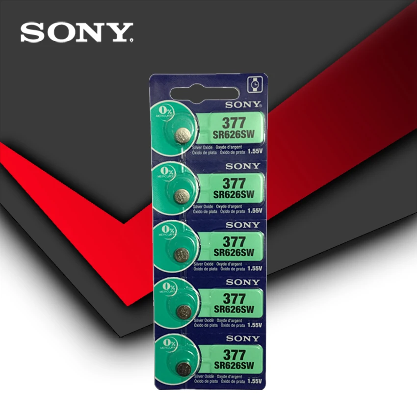 

5 шт. Sony 100% оригинальный 377 SR626SW SR626 AG4 1,55 V Серебряный оксид, часовая батарея SR626SW 377, Кнопочная монетница, сделано в Японии