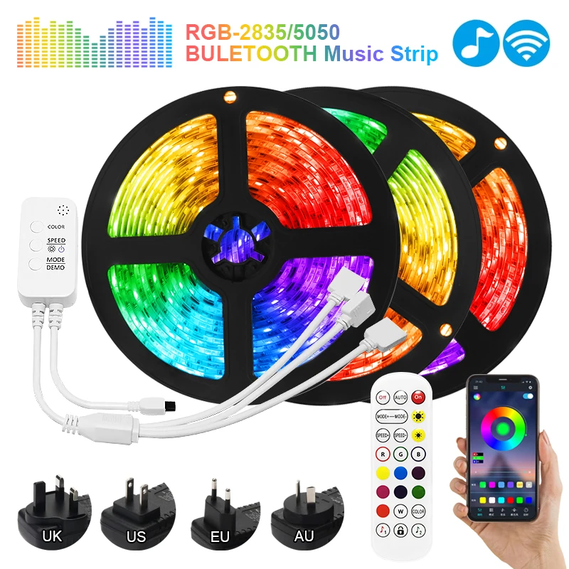

Светодиодные ленты RGB с Bluetooth, светодиодные лампы 5050 SMD 2835, гибкая Водонепроницаемая лента с диодами 5 м, 10 м, 15 м, 12 В постоянного тока, пульт ди...