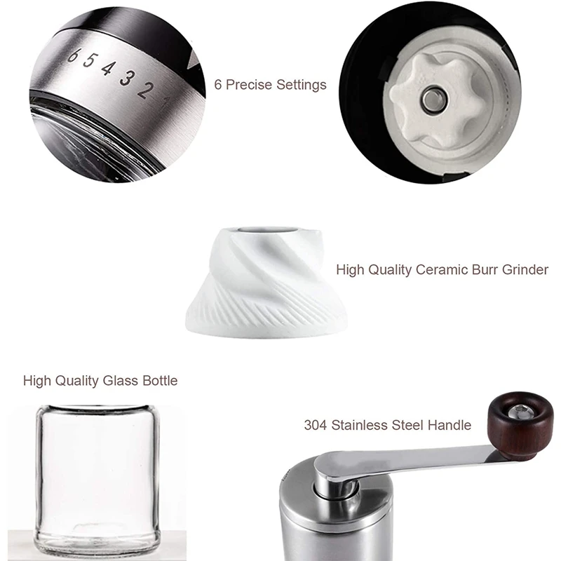 

Manual Coffee Grinders Ceramic Burr Grinder Hand Coffee Grinder with 6 Adjustable Settings Portable Steel Coffee Grinder