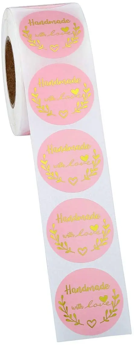 

1.5"(38mm) Gold Foil Handmade with Love Stickers Roll, Round Pink Handmade Sticker Labels 500pcs Per Roll