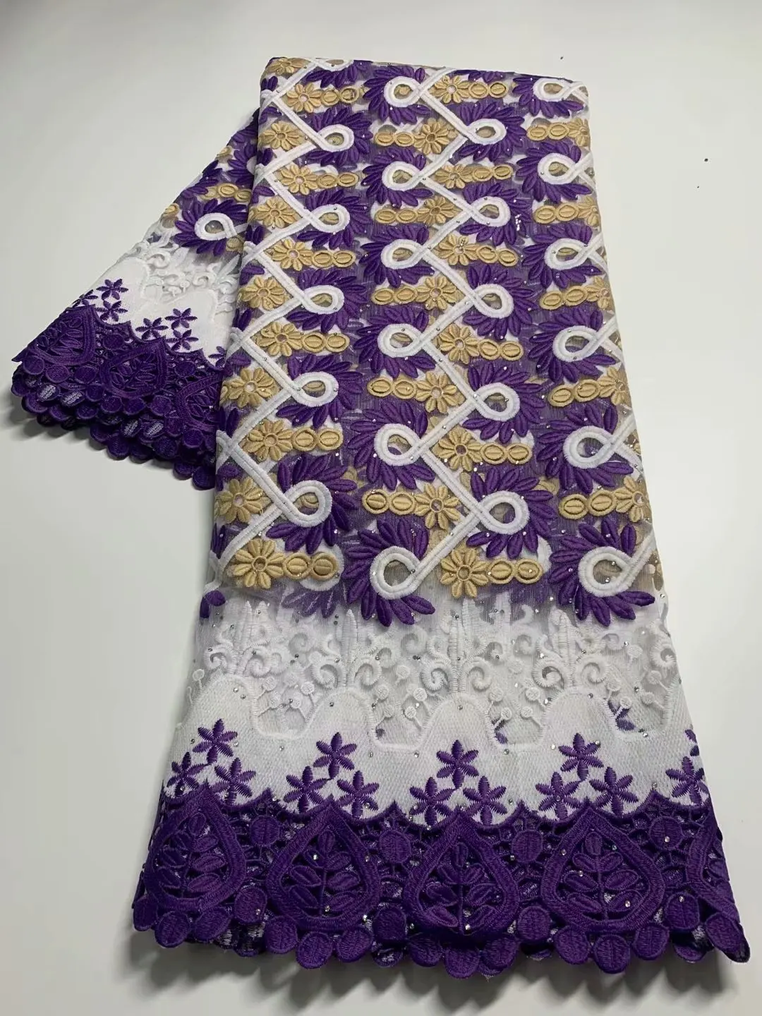 

Горячая Распродажа африканская Кружевная Ткань 5 ярдов Франции Тюль Вышивка кружево ткань высококачественное гипюровое кружево со стразам...