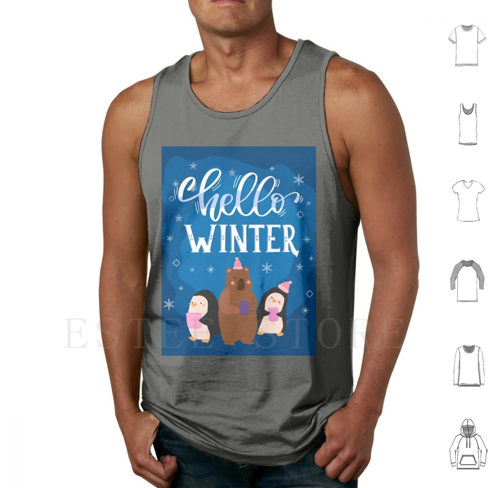 

Hello Winter Tank Tops Vest Cotton Winter Logo Penguin Penguins Baby Penguins Mother Penguins Father Penguins