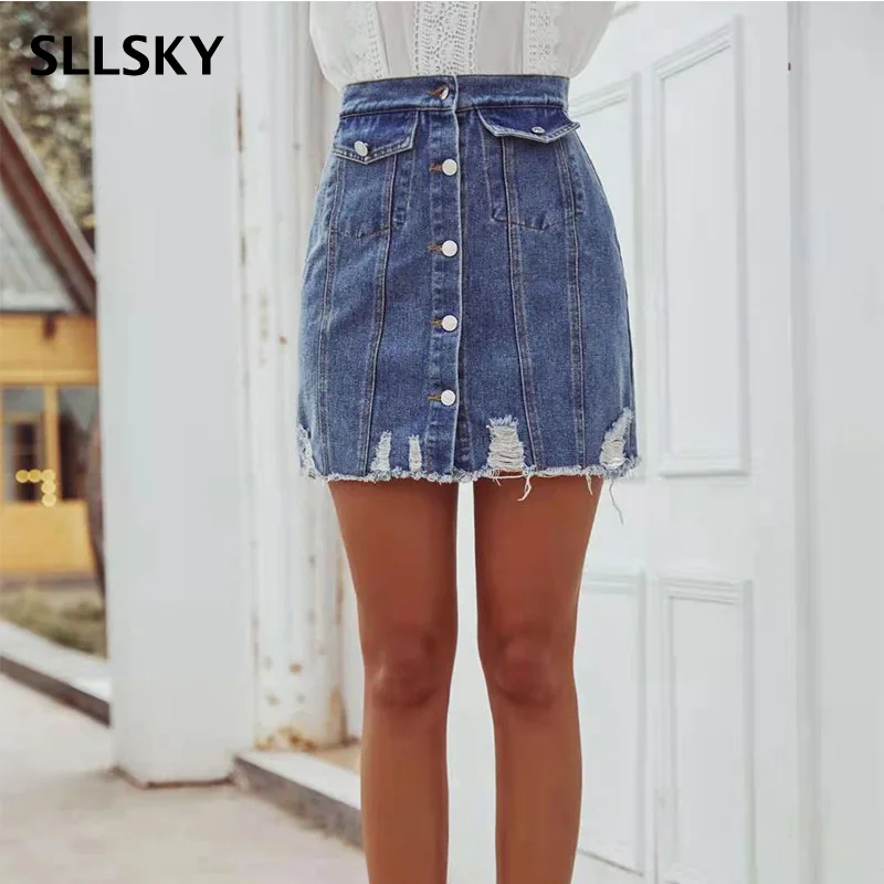 

Женская джинсовая юбка с карманами Sllsky, повседневная облегающая однобортная юбка трапециевидной формы с высокой талией, синяя юбка с карма...