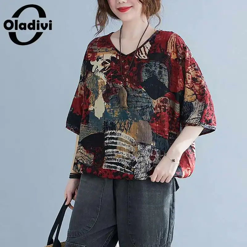 

Блузка Oladivi женская с коротким рукавом, модная рубашка из хлопка и льна с принтом, Топ-туника в стиле оверсайз для 50 лет, 6XL, на лето