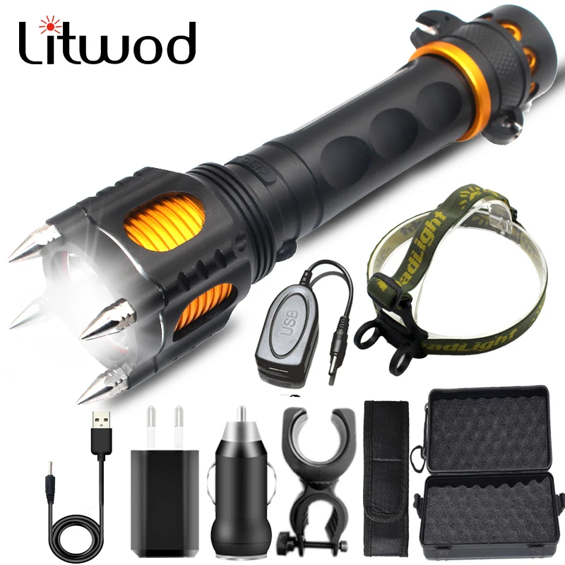 

Tactical LED Flashlight Attack Head CREE XM-L T6 Powerbank Rechargeable Waterproof Torch 18650 Battery Self Defense Bike Lantern