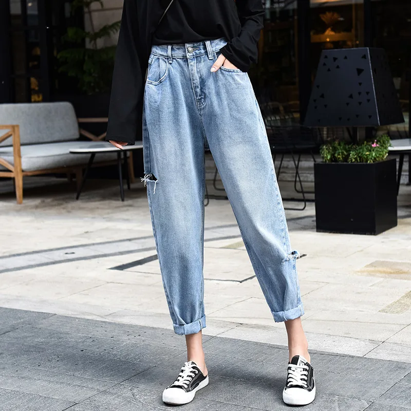 Женские рваные джинсы с эффектом пуш-ап синие брюки из денима высокой талией и