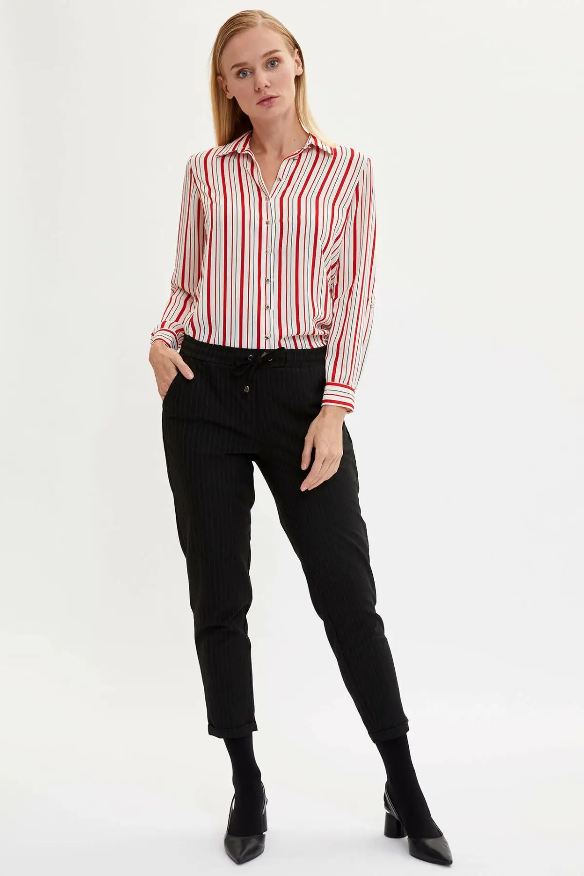 DeFacto Woman Fashion Long Sleeve T-shirt Ladies Elegant Lapel Striped Loose Shirts Joker Autumn - K1399AZ19AU | Женская одежда