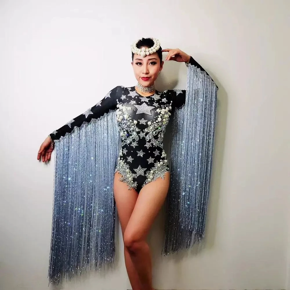 Star pattern Female Costume Crystals Fringe Sleeve Bodysuit Singer Dancer Nightclub Stage Party Bar Performance Tassel Bodysuit