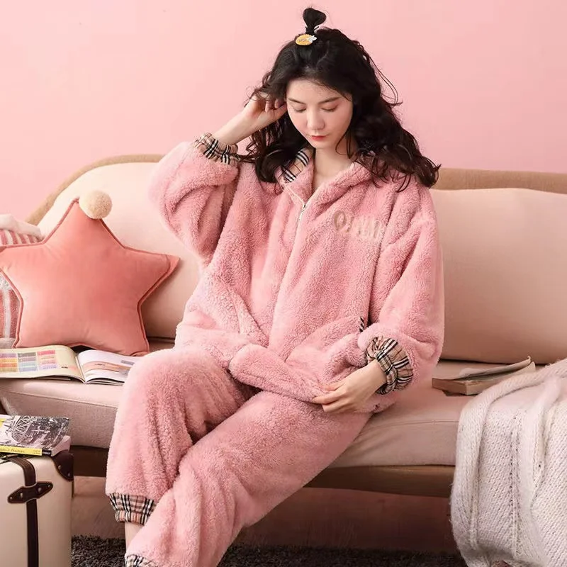 Women Winter Pyjamas Sets Thick Warm Coral Fleece Sleepwear Long Sleeve 2 Pieces/Sets Hooded Home Clothes