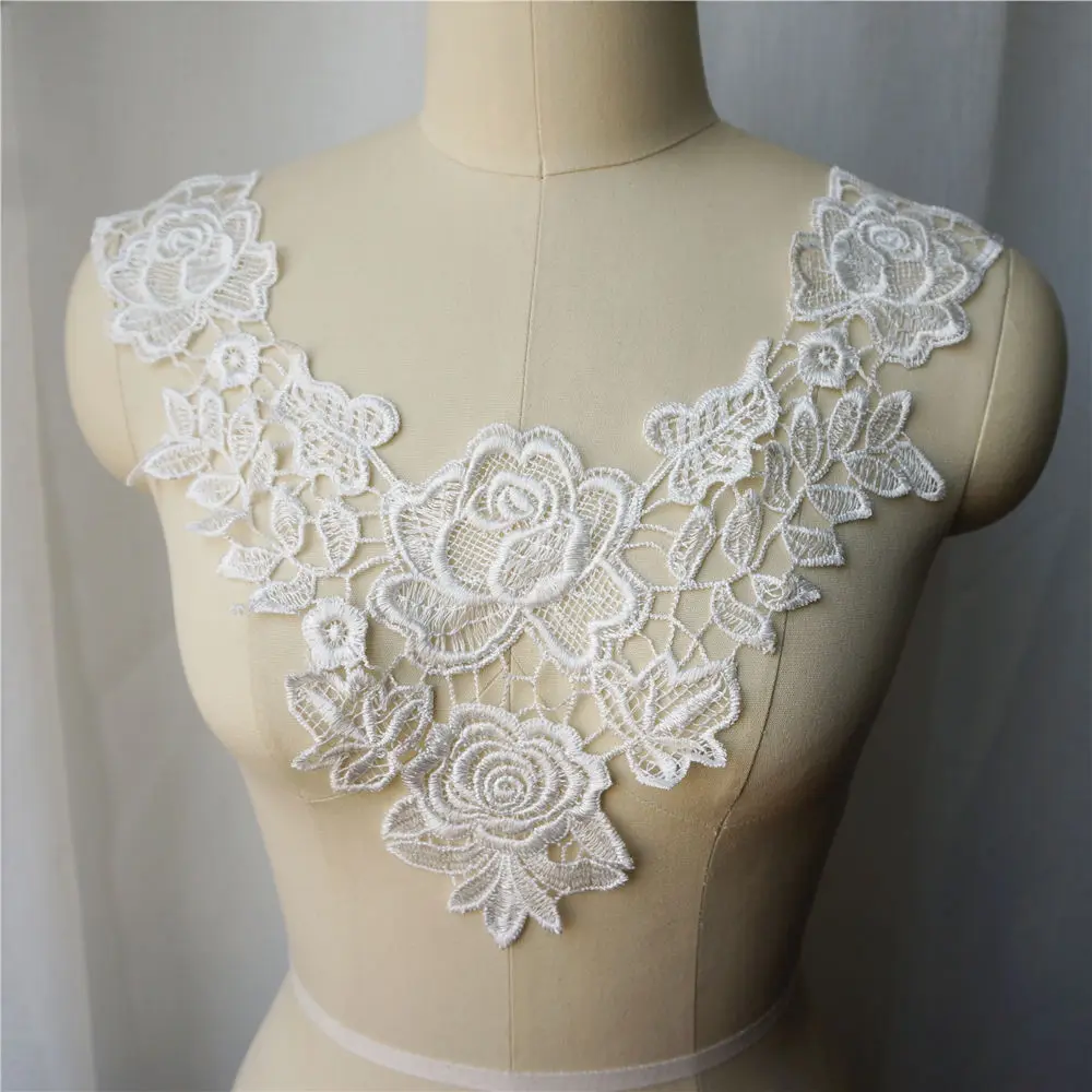 Белые вышитые аппликации для платья кружевная ткань отделка воротника сетчатые