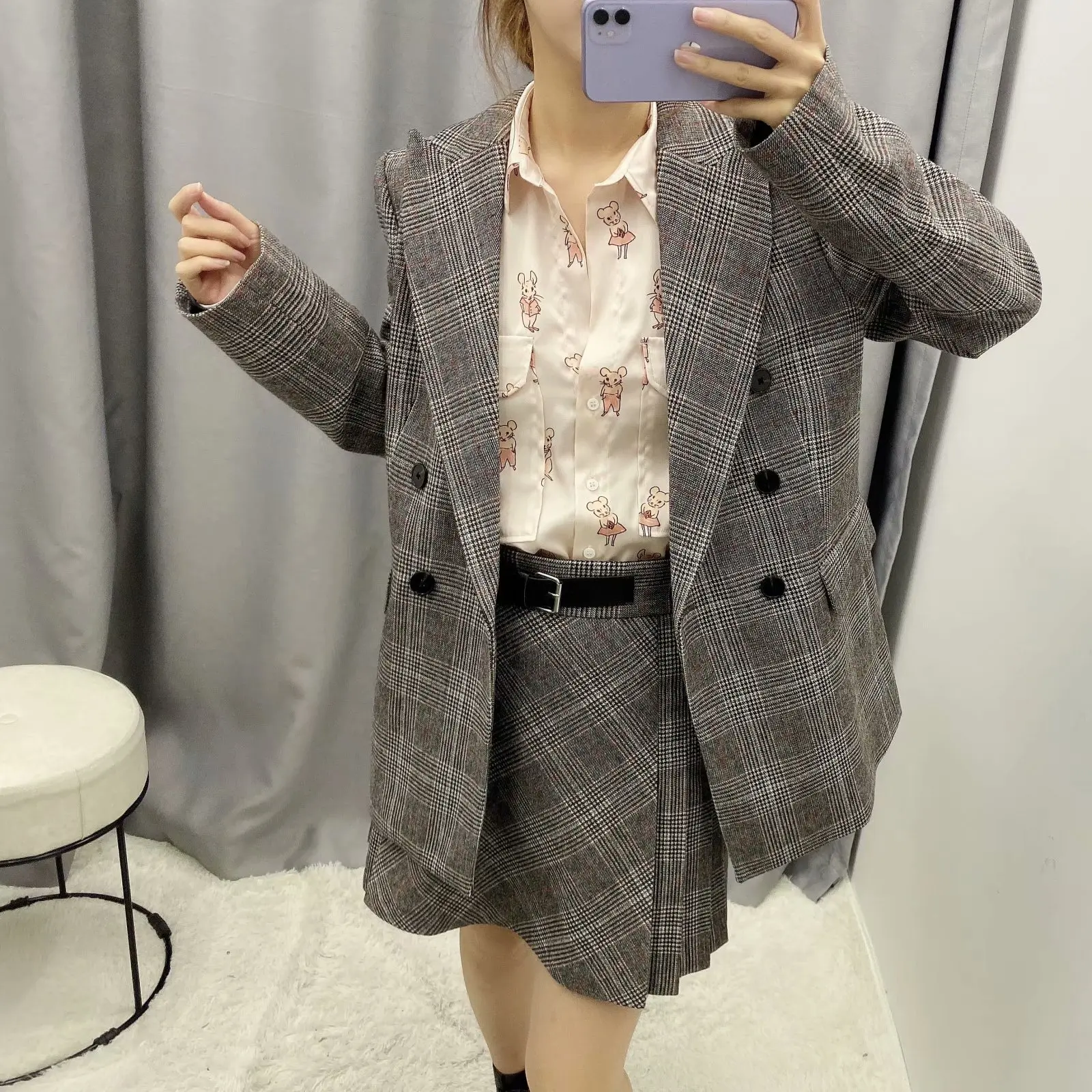 

2 piece sets womens outfits new style retro suit collar check double breasted suit jacket + high waist check A word skirt suit
