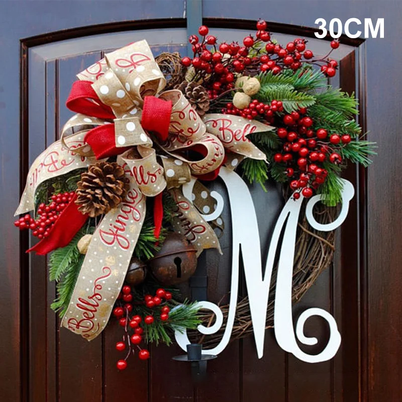 Corona Roja con cintas, &aacute;rboles de pino, bayas, Vintage, decoraciones navide&ntilde;as, guirnalda para puerta y ventana-1