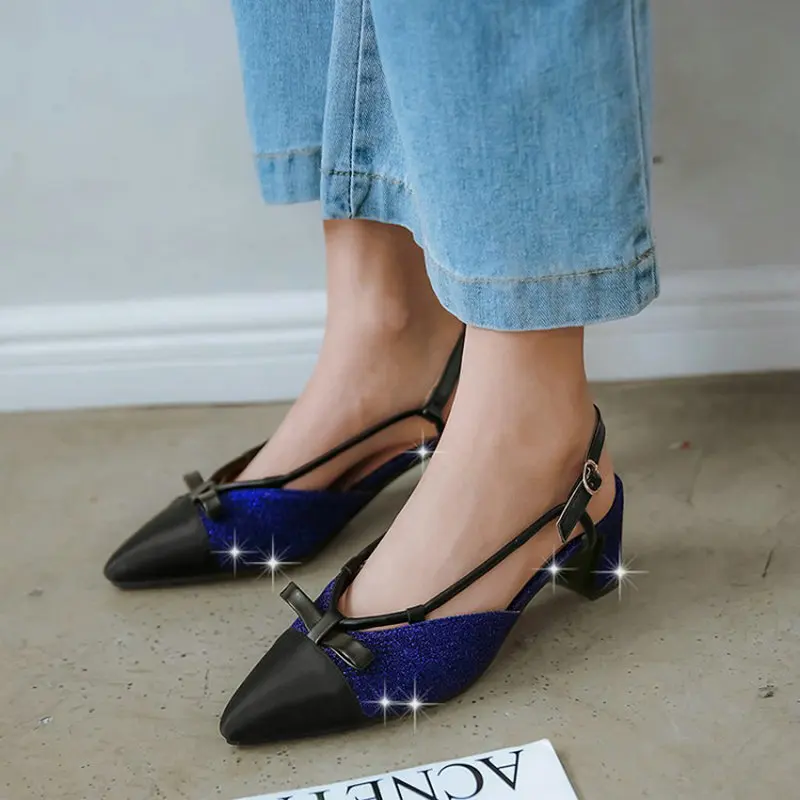 ZawsThia 2020 Новые блестящие женские туфли синие серебристые на среднем каблуке