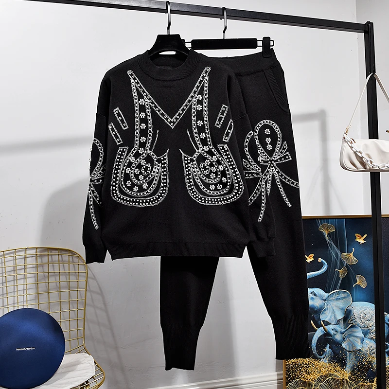 

Knitted Two Piece Set Women 2021 Autumn Fashion Beading Pullover Loose Sweater + Elastic Waist Pants Suit Female Clothes H1041