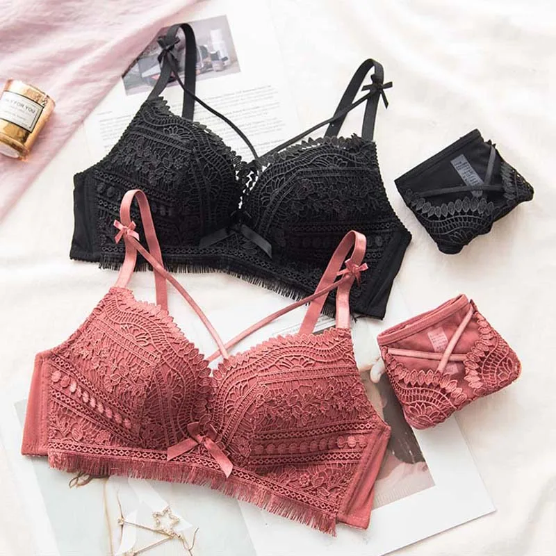 Женское нижнее белье с вышивкой и кружевным бантом фиолетовое красное роскошное