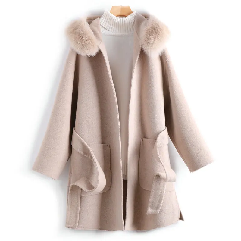 

С капюшоном, с рисунком лисы, теплый меховой воротник, Одежда высшего качества Шерстяные пиджаки Для женщин Свободные Ремни среднего Длина ...