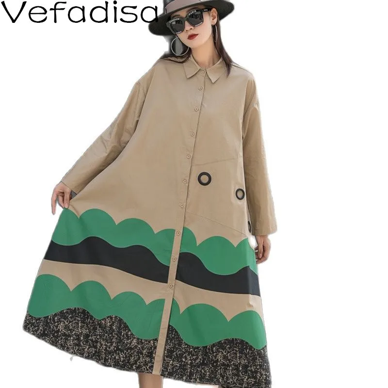 

Vefadisa Khaki Autumn Print Women Dress 2021 Fashion Patchwork A-LINE Shirt Dress Long Sleeve Female Dress Casual QYF6337