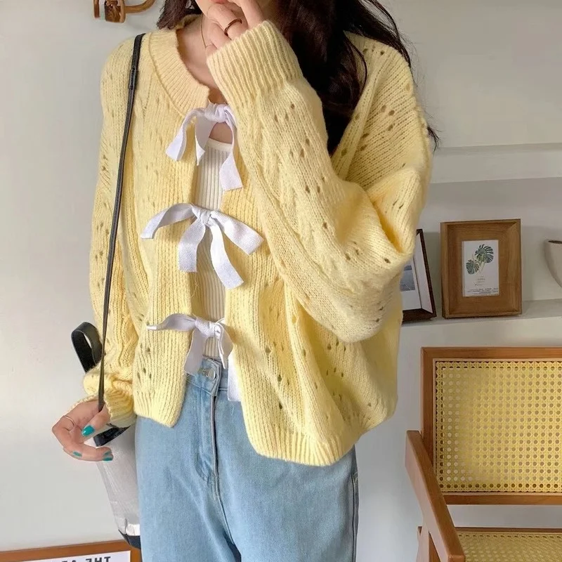 

New Autumn Hollow Out Cardigan Women Sweet Bandage Sweater Coat Korean Chic Bow Long Sleeve Crop Tops Cardigans Casual Loose