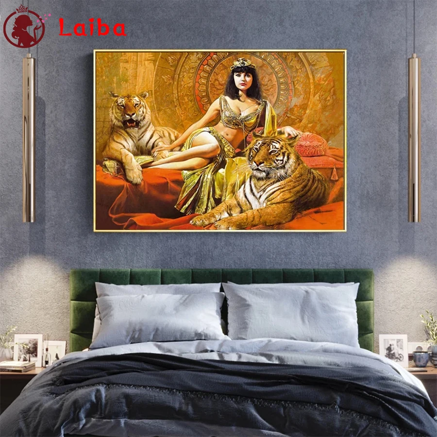 

Diamond Mosaic Sexy Cleopatra queen, animal tiger round drill Cross Stitch Diamond Art Painting Full Square Decor For Home