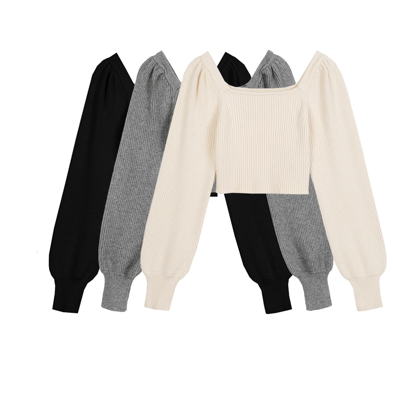 

Autumn 2021 Knitted Sweater Women's Short Section New Square Neck Puff Sleeve Top Women's Wild Self-cultivation Solid Color