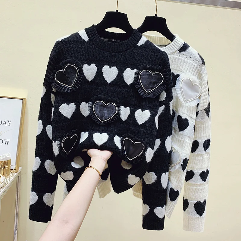 

autumn and winter 2021 new fashion, foreign style, age reducing love mesh sweater, women's long sleeved outer top