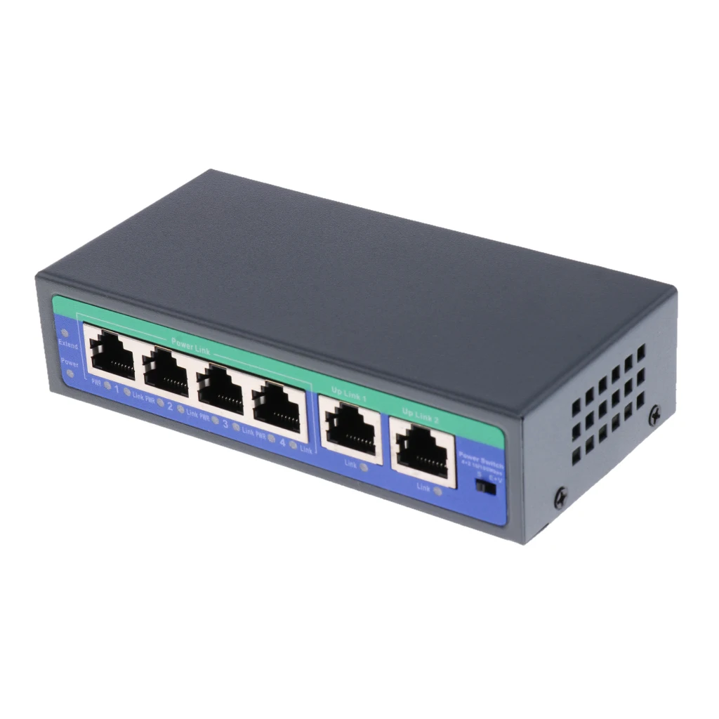 6 портов 10/100 Мбит/с 4 POE порта и 2 Uplink адаптер питания через Ethernet-коммутатор |