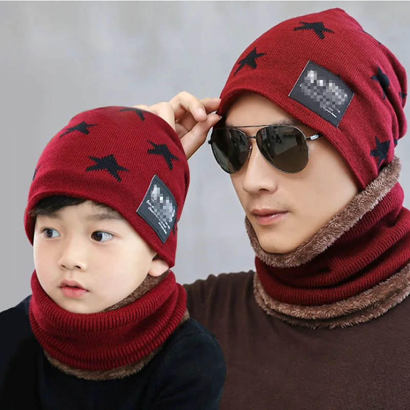 hats for child New male set cap five-pointed star woolen Autumn winter warm knit parent-child hat | Аксессуары для одежды