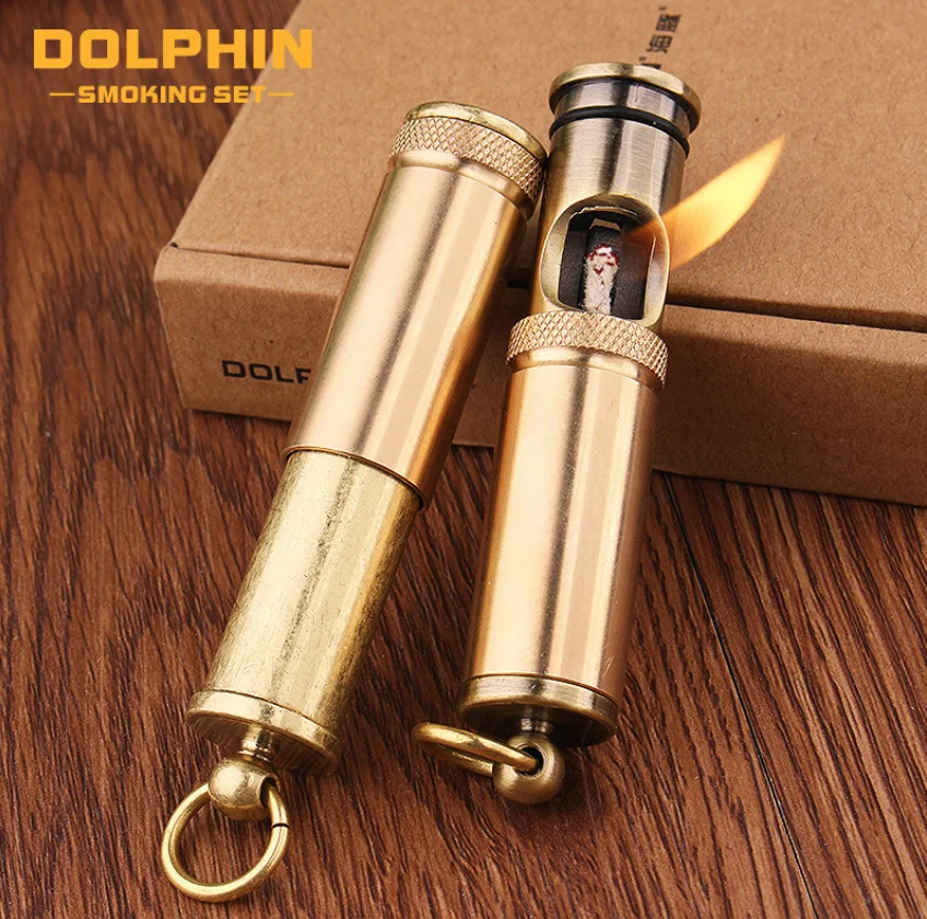 

DOLPHIN cylindrical Creative Retro Pure Brass cylinder Trench kerosene Lighter Funny Novelty Gadget key ring