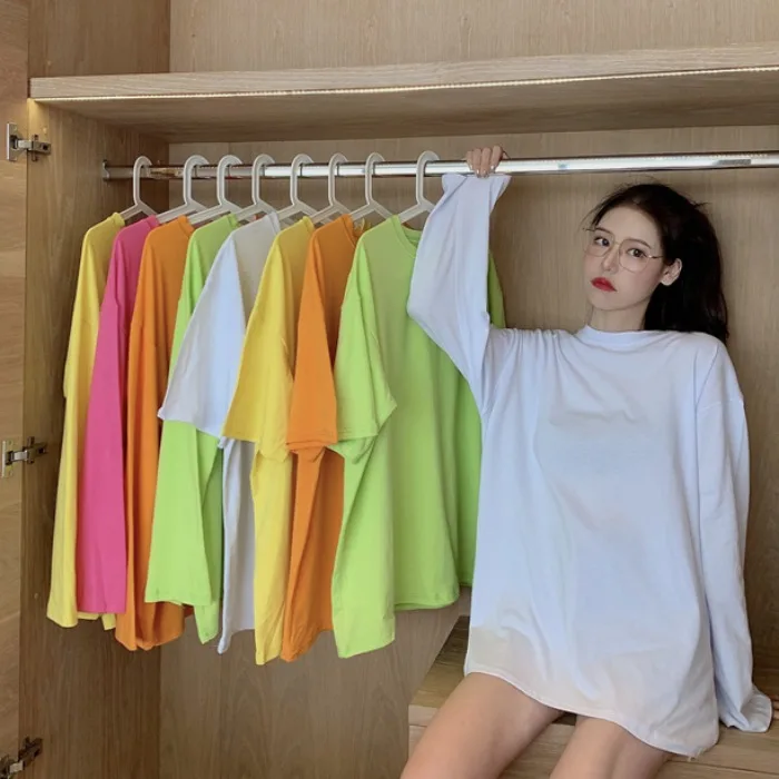 Ins хит флуоресцентные футболки женские летние повседневные свободные цветные