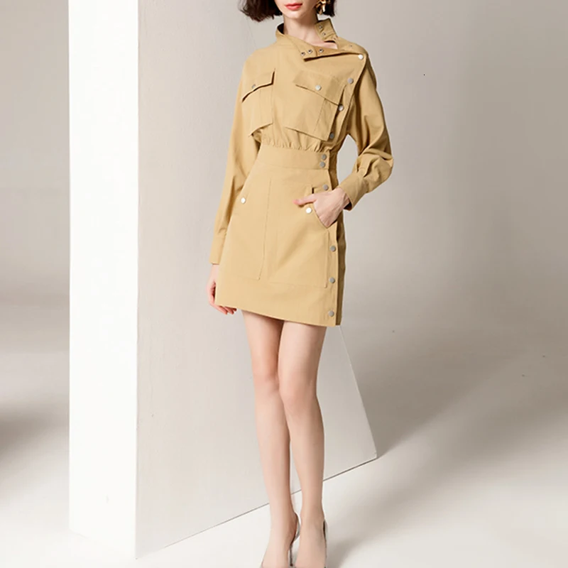 TWOTWINSTYLE корейское платье для женщин со стоячим воротником с длинным рукавом с высокой талией короткие платья-карандаш женские осенние модные новые