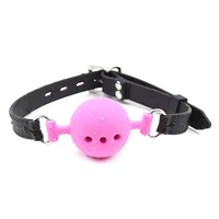 black leather breathable 3 holes pink silicone mouth ball plug gag toys
