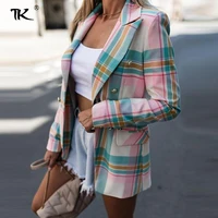 women plaid printing blazers double breasted long sleeve notched blazer pockets slim office lady elegant tops casual autumn 2021