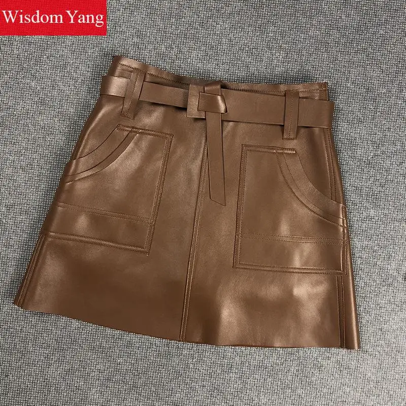 Из натуральной овечьей кожи мин юбки расклешенного силуэта с поясом Сезон осень