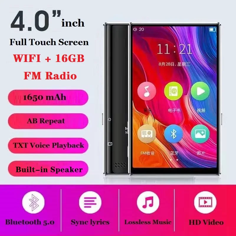 Bluetooth 5.0 MP4 Player Wifi 4.0 Inch Full Touch Screen FM Radio Recording E-book MP4 MP5 Music Video Player Built-in Speaker