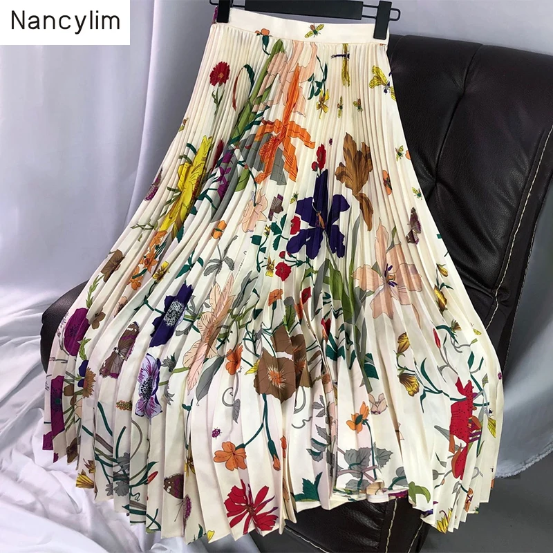 2019 Spring Autumn Women Elegant Flower Printed Pleated Skirt Female Lady's Maxi Skirt Woman All-match Long Skirts Nancylim