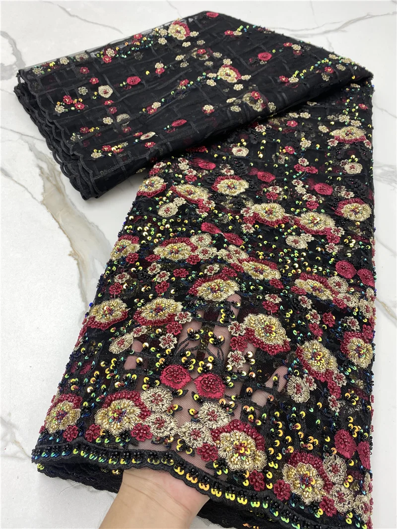 

PGC African Handmade Beaded Lace Fabric 2021 High Quality Lace Nigerian French Tulle Lace Fabric For Party Dress Sewing NI5434-3